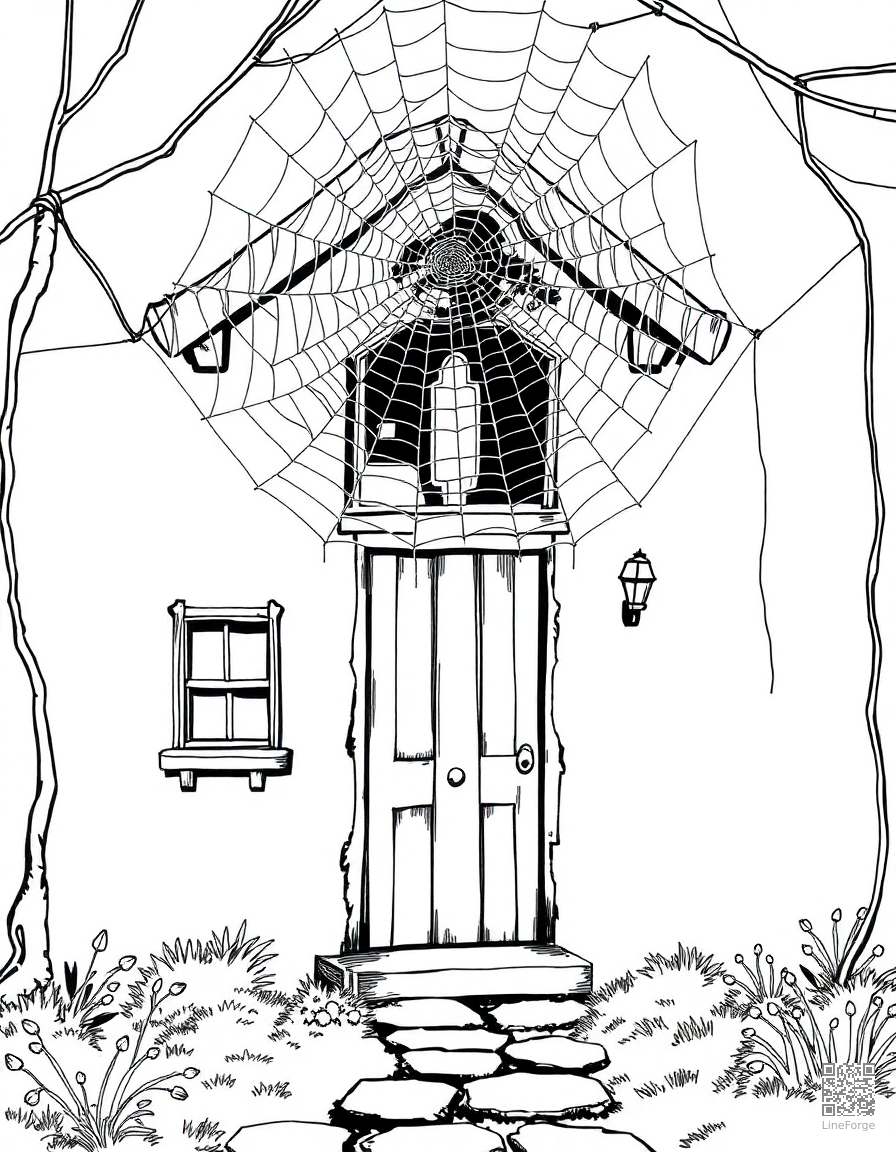 spider web covering an old house entrance coloring page Manga style - free printable