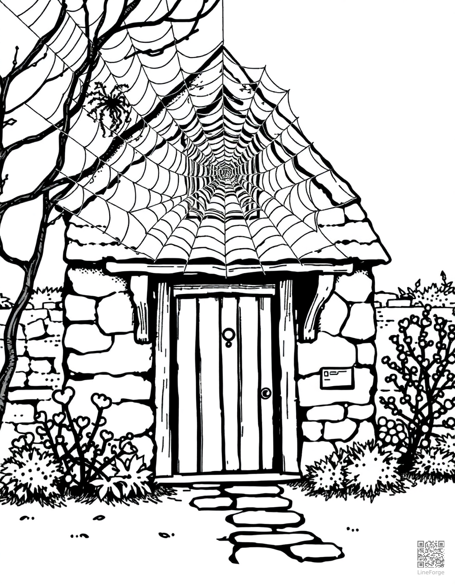 spider web covering an old house entrance coloring page Stipple style - free printable