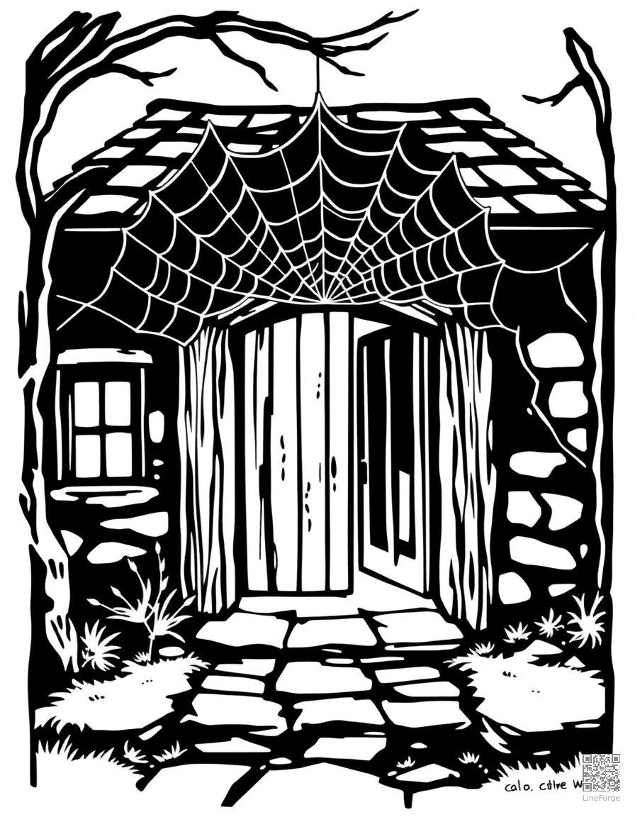 spider web covering an old house entrance coloring page Woodcut style - free printable