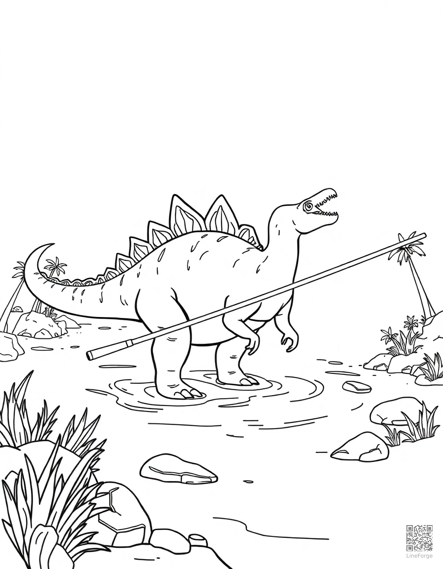 spinosaurus fishing in a prehistoric river coloring page Contour style - free printable