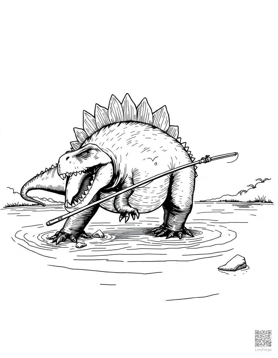 spinosaurus fishing in a prehistoric river coloring page Crosshatch style - free printable