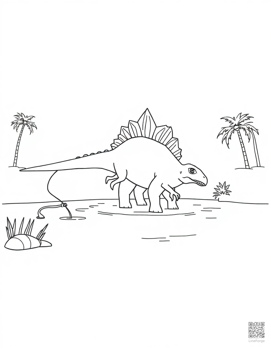 spinosaurus fishing in a prehistoric river coloring page Minimal style - free printable