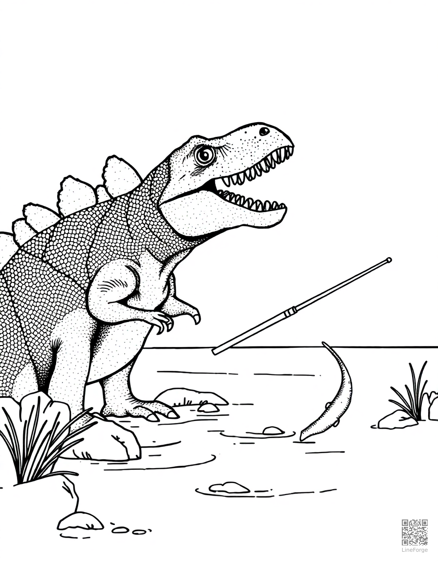 spinosaurus fishing in a prehistoric river coloring page Stipple style - free printable
