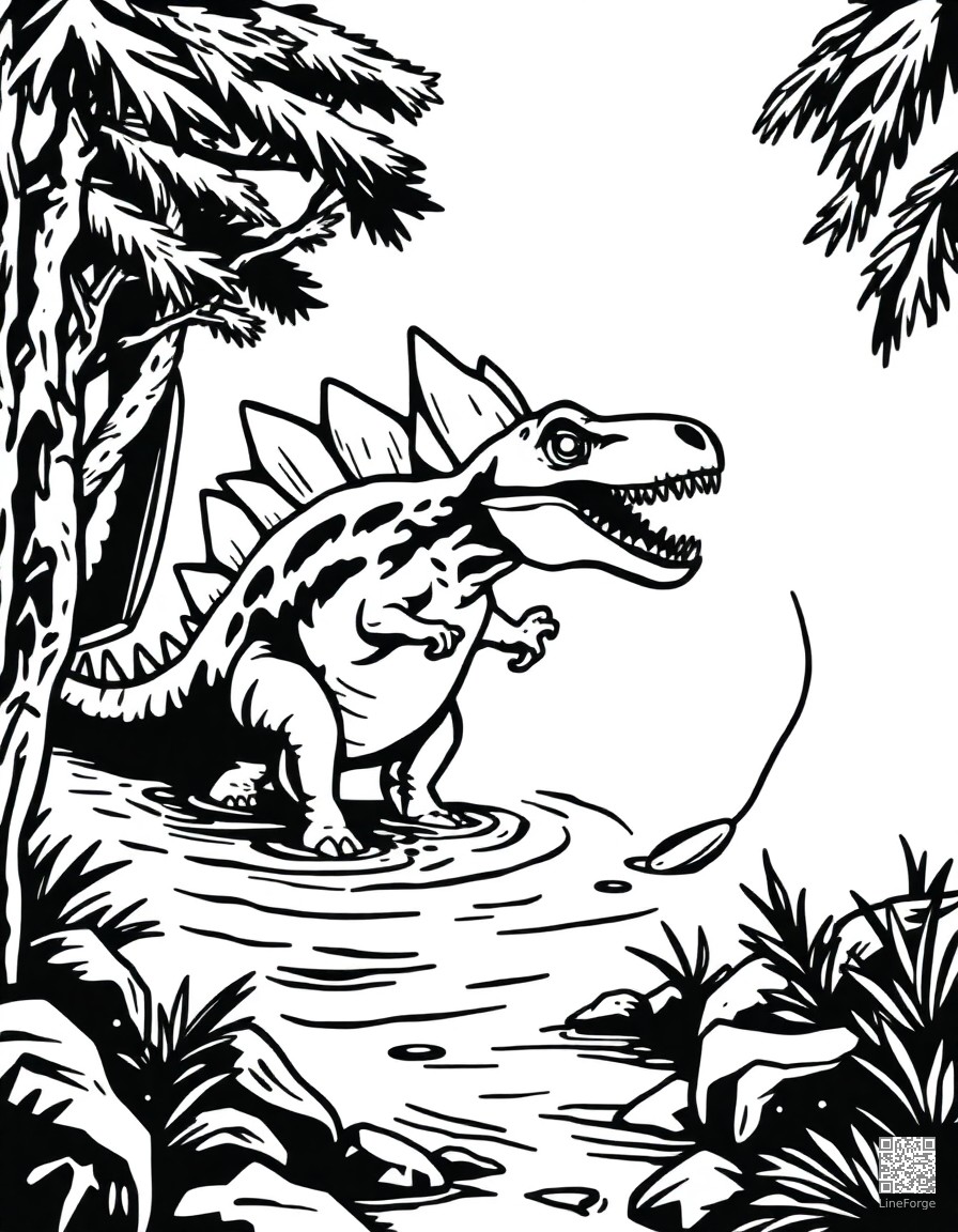 spinosaurus fishing in a prehistoric river coloring page Woodcut style - free printable