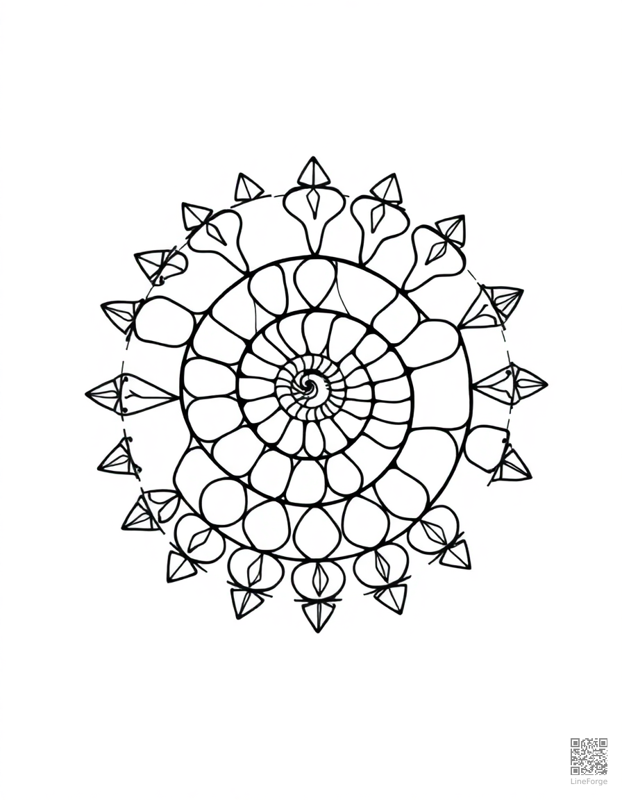 spiral mandala with nautilus shell shape coloring page Minimal style - free printable
