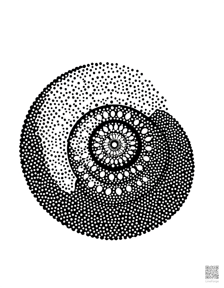 spiral mandala with nautilus shell shape coloring page Stipple style - free printable