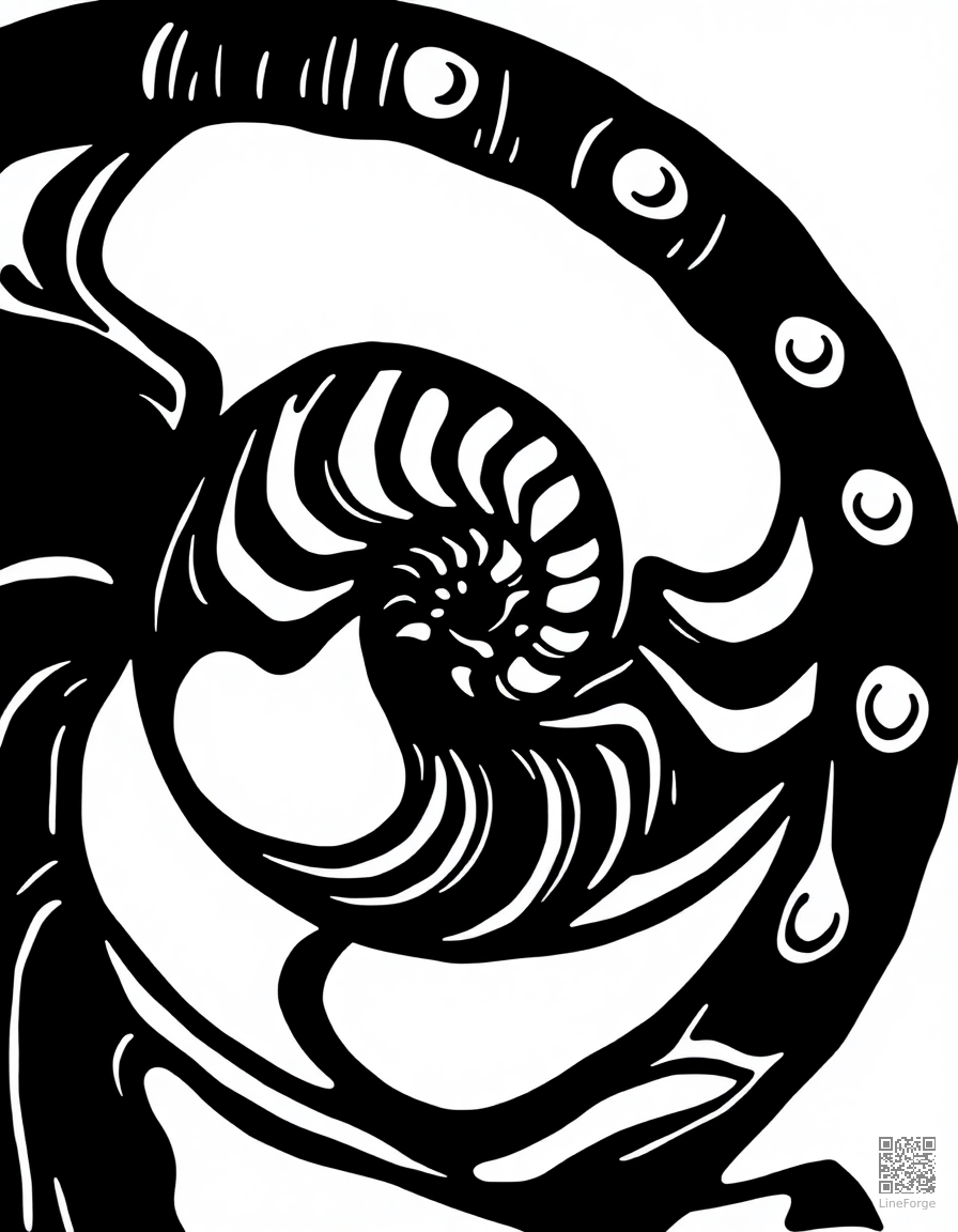 spiral mandala with nautilus shell shape coloring page Woodcut style - free printable