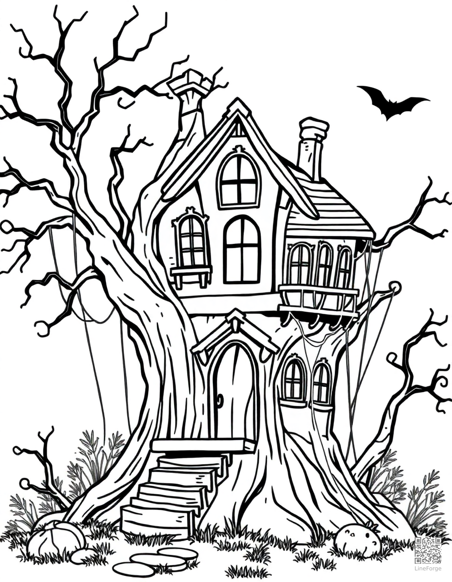 Free spooky tree house with cobwebs coloring page in contour style — printable line art