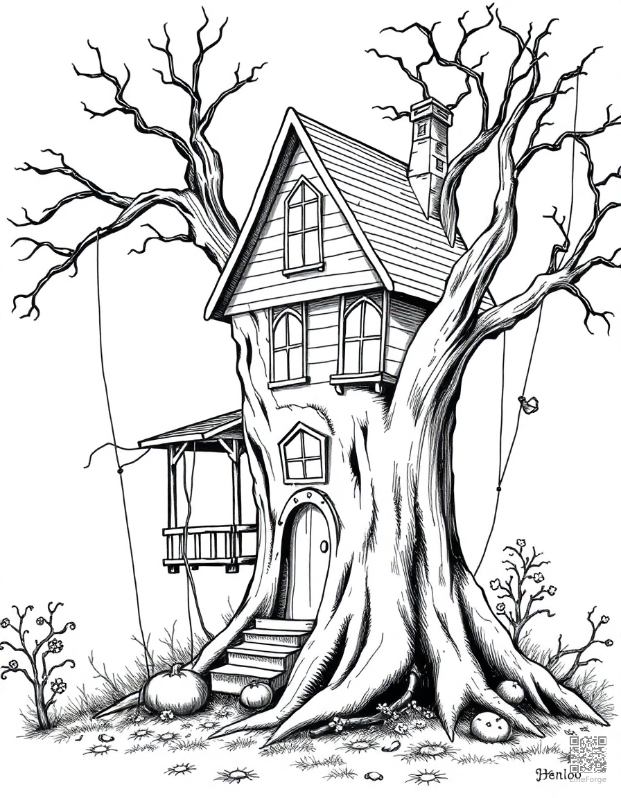 Free spooky tree house with cobwebs coloring page in crosshatch style — printable line art