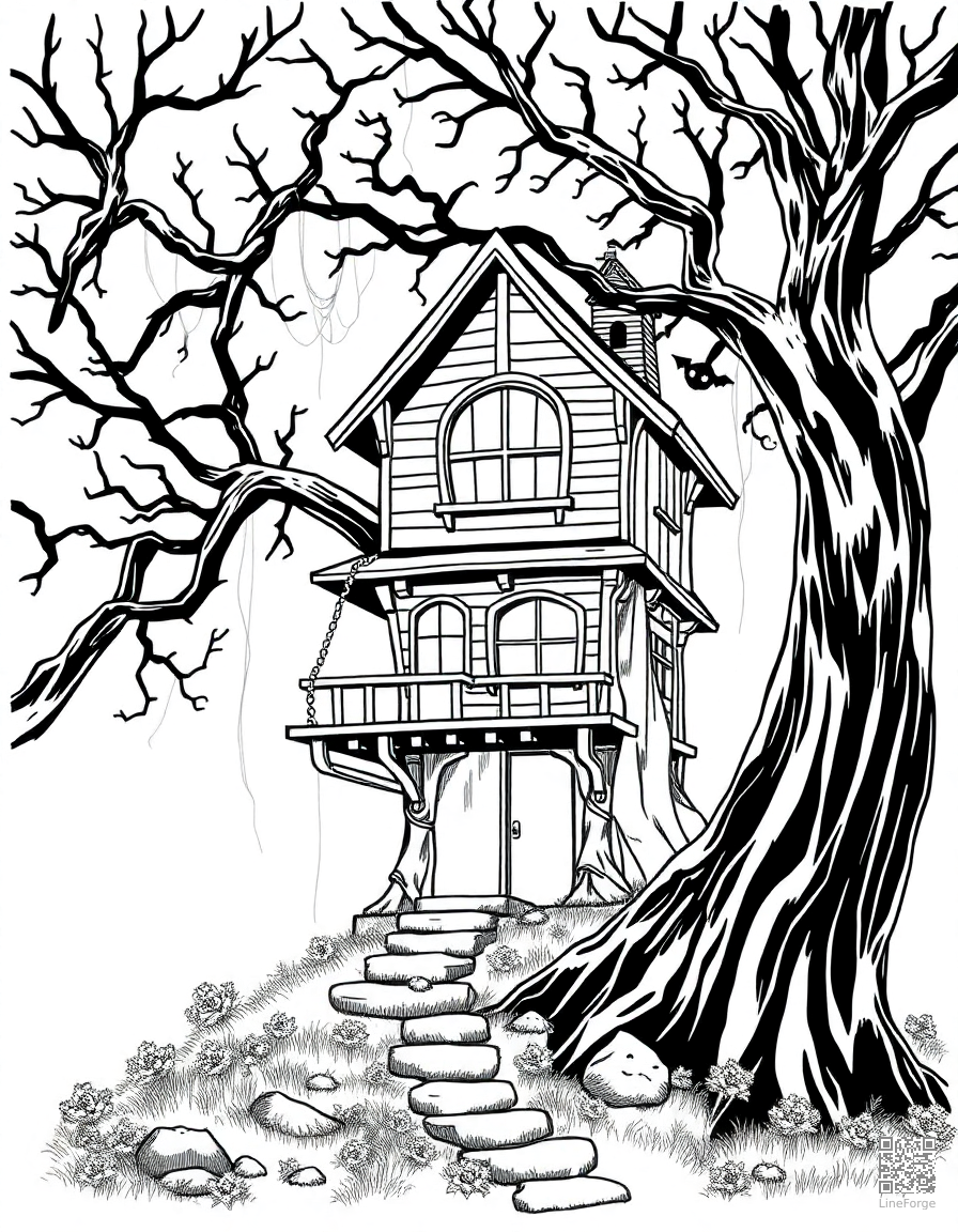 Free spooky tree house with cobwebs coloring page in manga style — printable line art