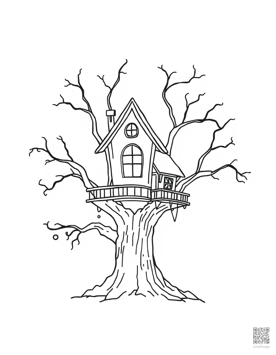 Free spooky tree house with cobwebs coloring page in minimal style — printable line art