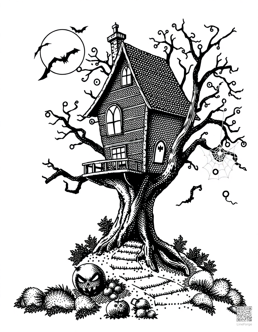 spooky tree house with cobwebs coloring page Stipple style free printable