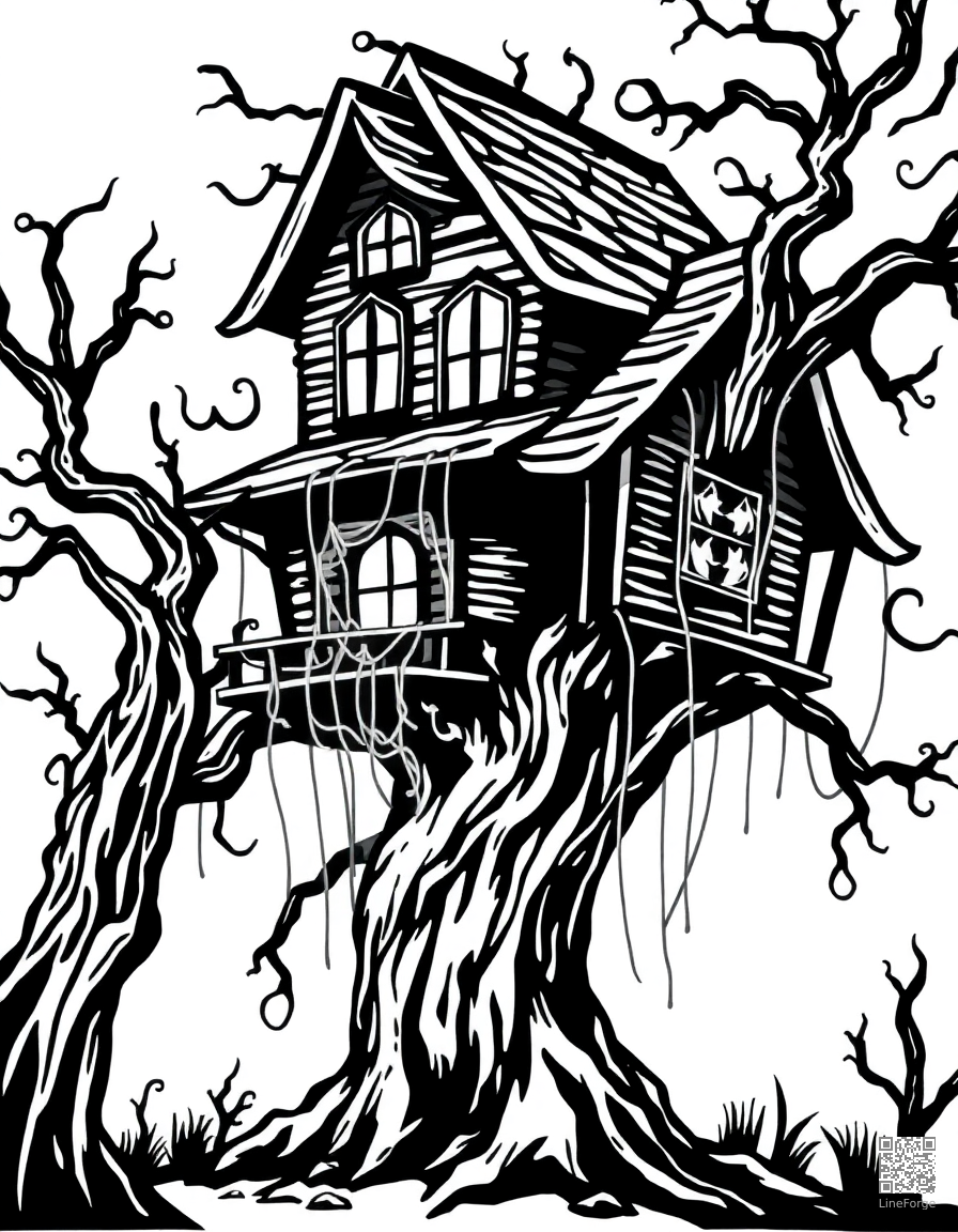 Free spooky tree house with cobwebs coloring page in woodcut style — printable line art