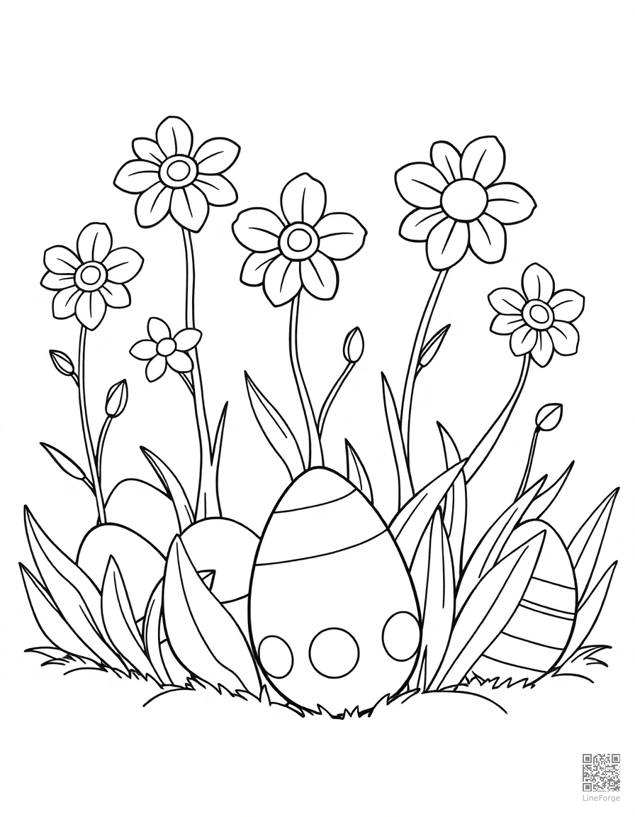 spring flowers growing from easter eggs coloring page Contour style free printable