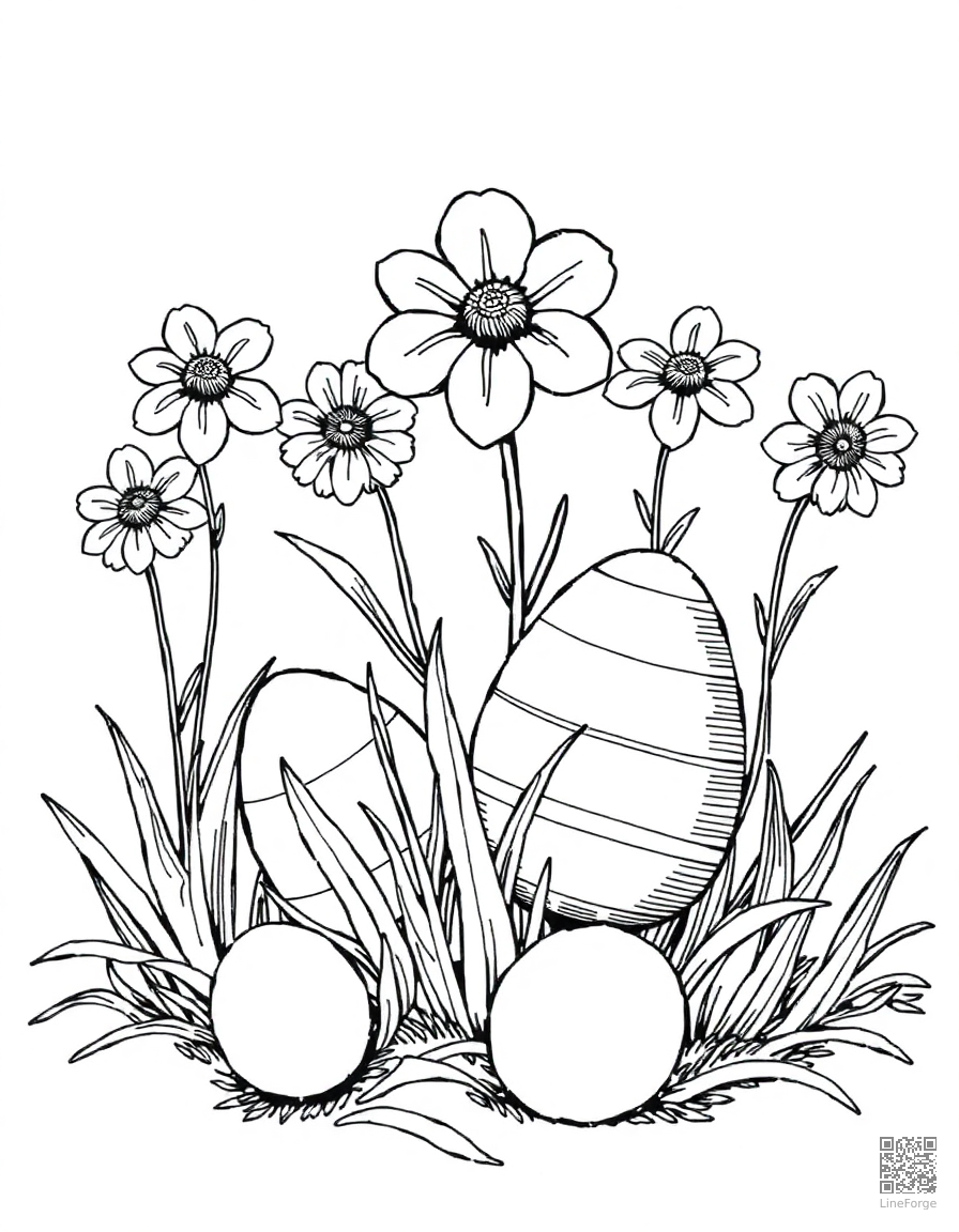 spring flowers growing from easter eggs coloring page Crosshatch style free printable