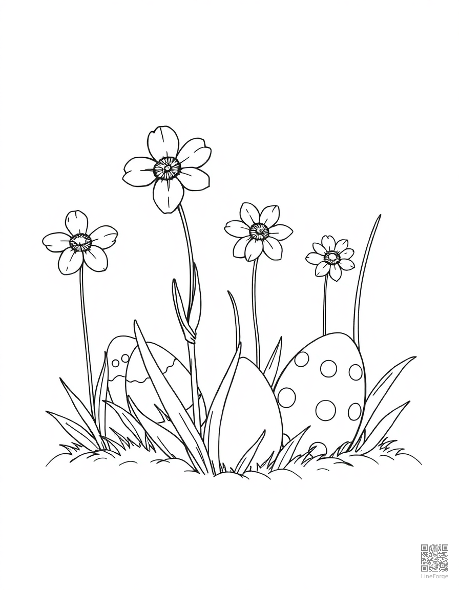spring flowers growing from easter eggs coloring page Manga style free printable