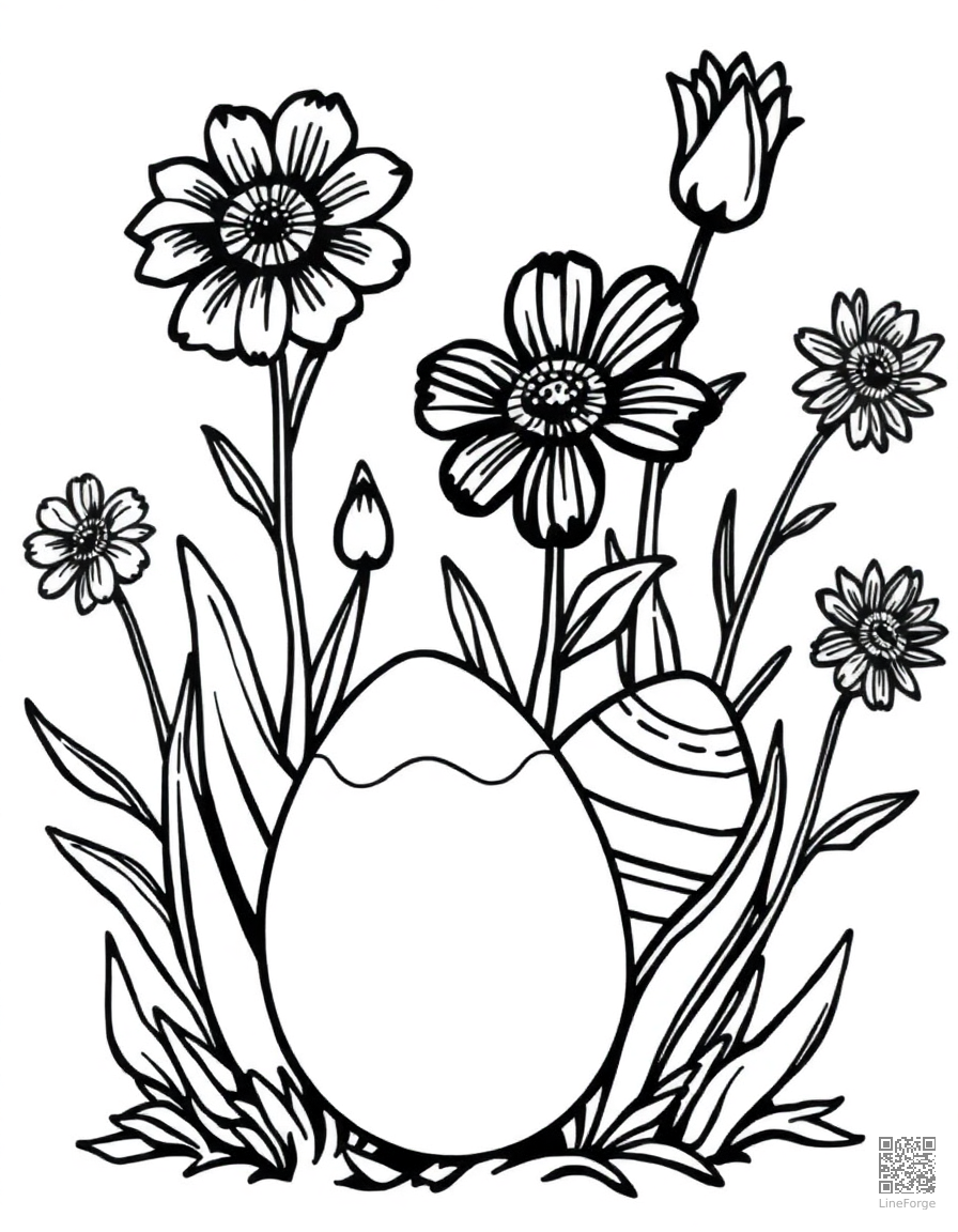 spring flowers growing from easter eggs coloring page Woodcut style free printable