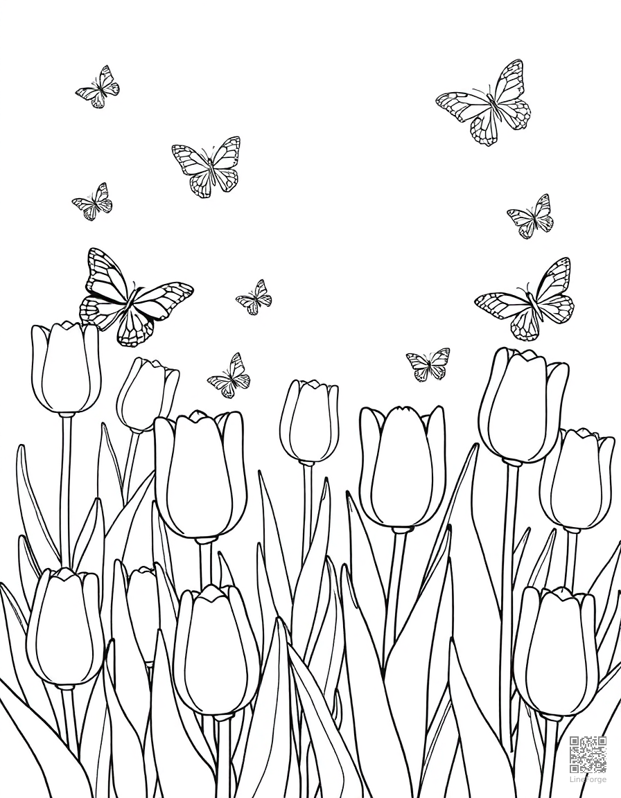 spring garden with tulips and butterflies coloring page Contour style free printable