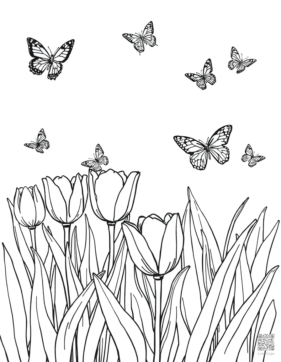 spring garden with tulips and butterflies coloring page Crosshatch style free printable