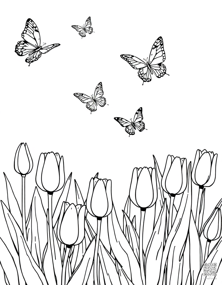 spring garden with tulips and butterflies coloring page Manga style free printable