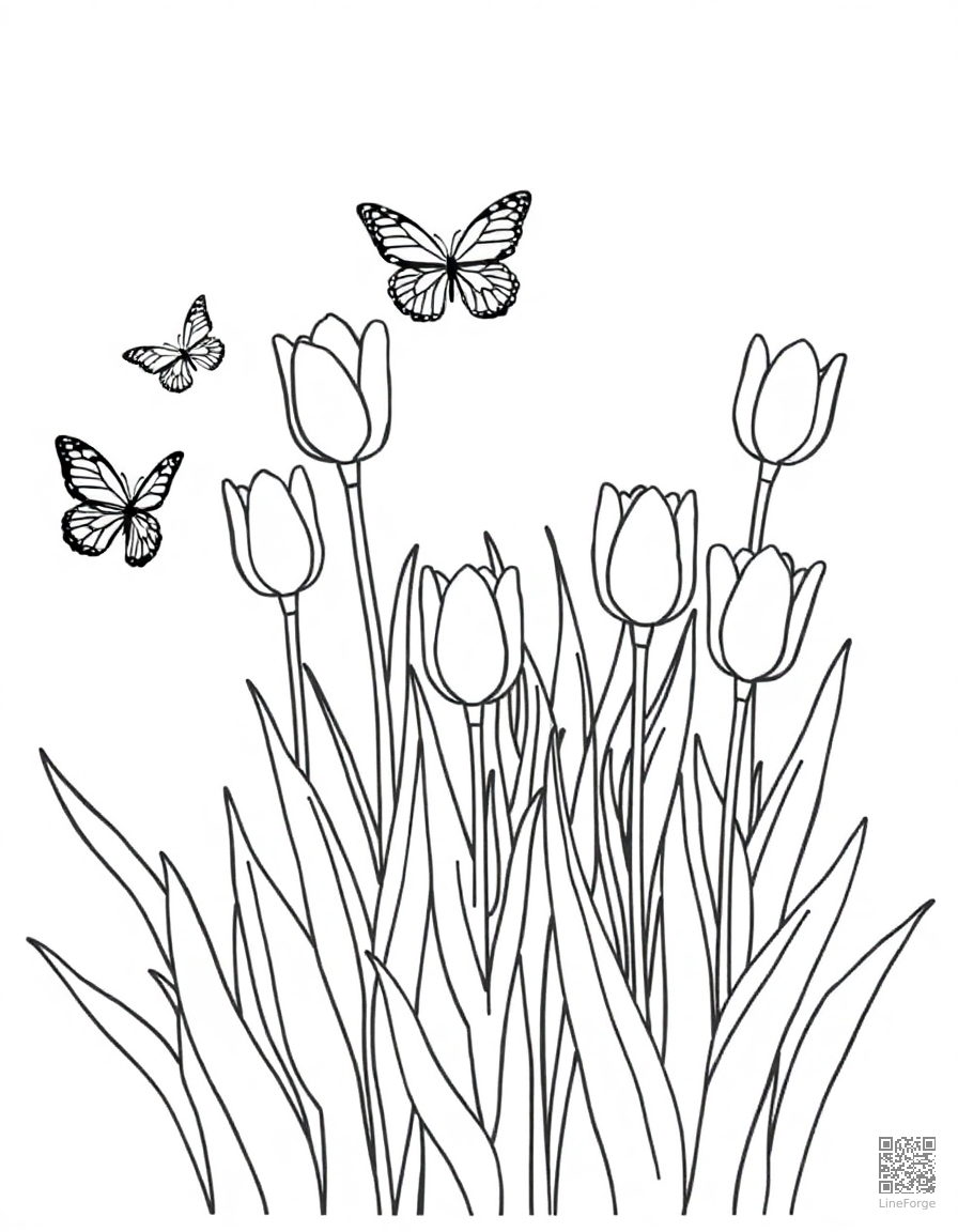 spring garden with tulips and butterflies coloring page Minimal style free printable