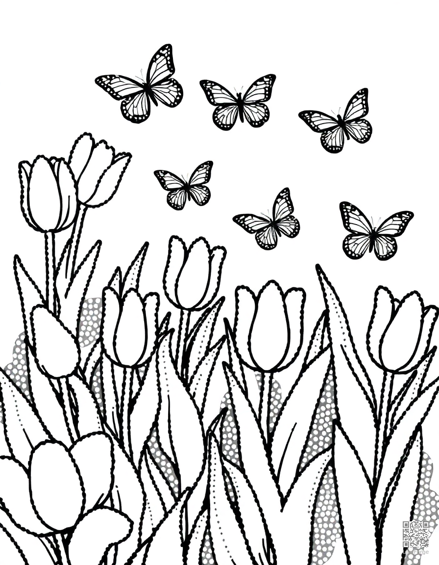 spring garden with tulips and butterflies coloring page Stipple style free printable