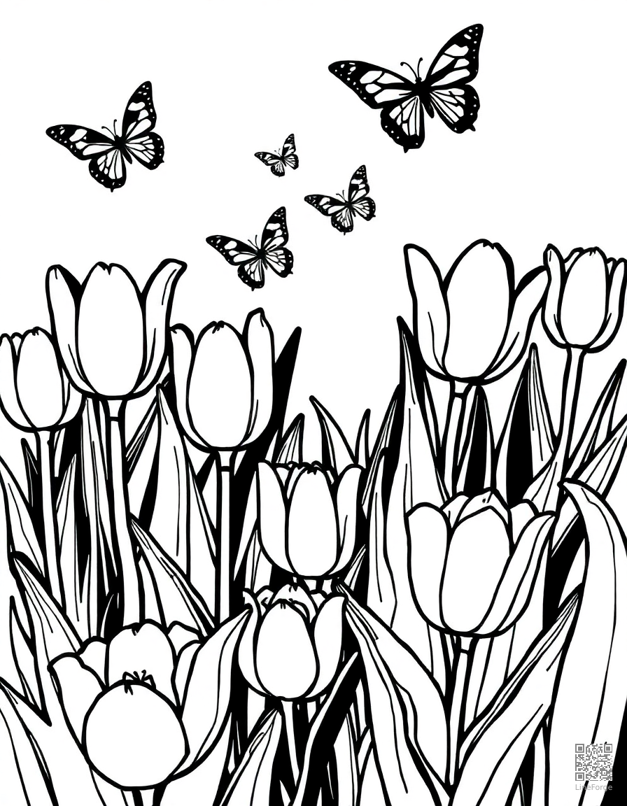 spring garden with tulips and butterflies coloring page Woodcut style free printable
