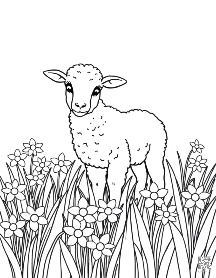 spring lamb in a field of daffodils coloring page Contour style - free printable