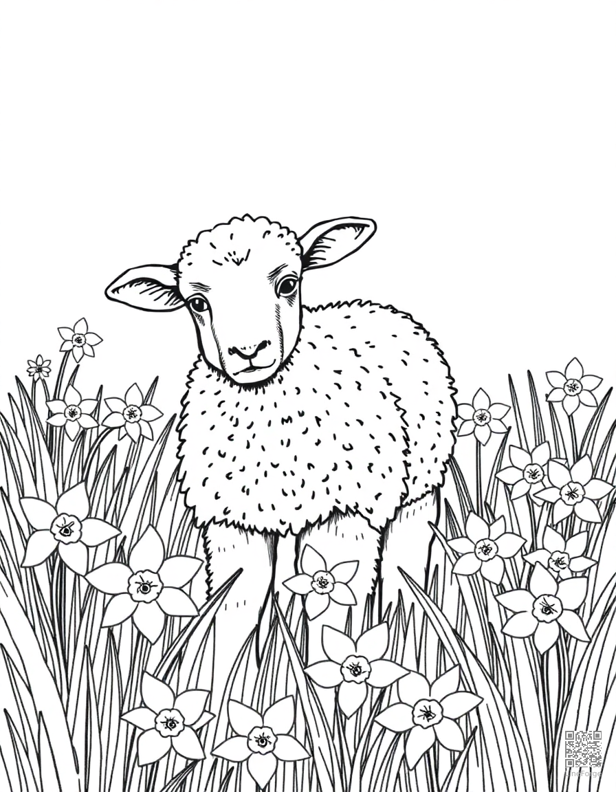spring lamb in a field of daffodils coloring page Crosshatch style - free printable