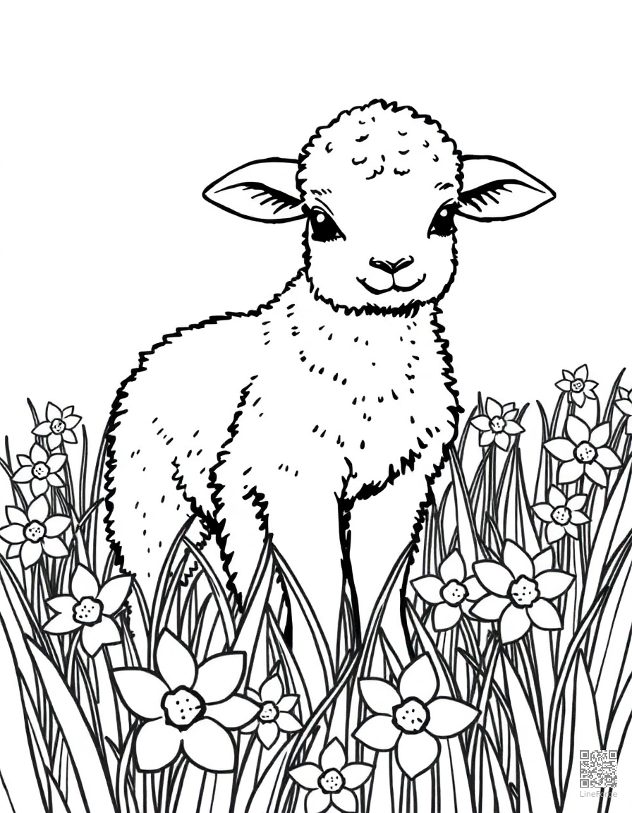 spring lamb in a field of daffodils coloring page Manga style - free printable