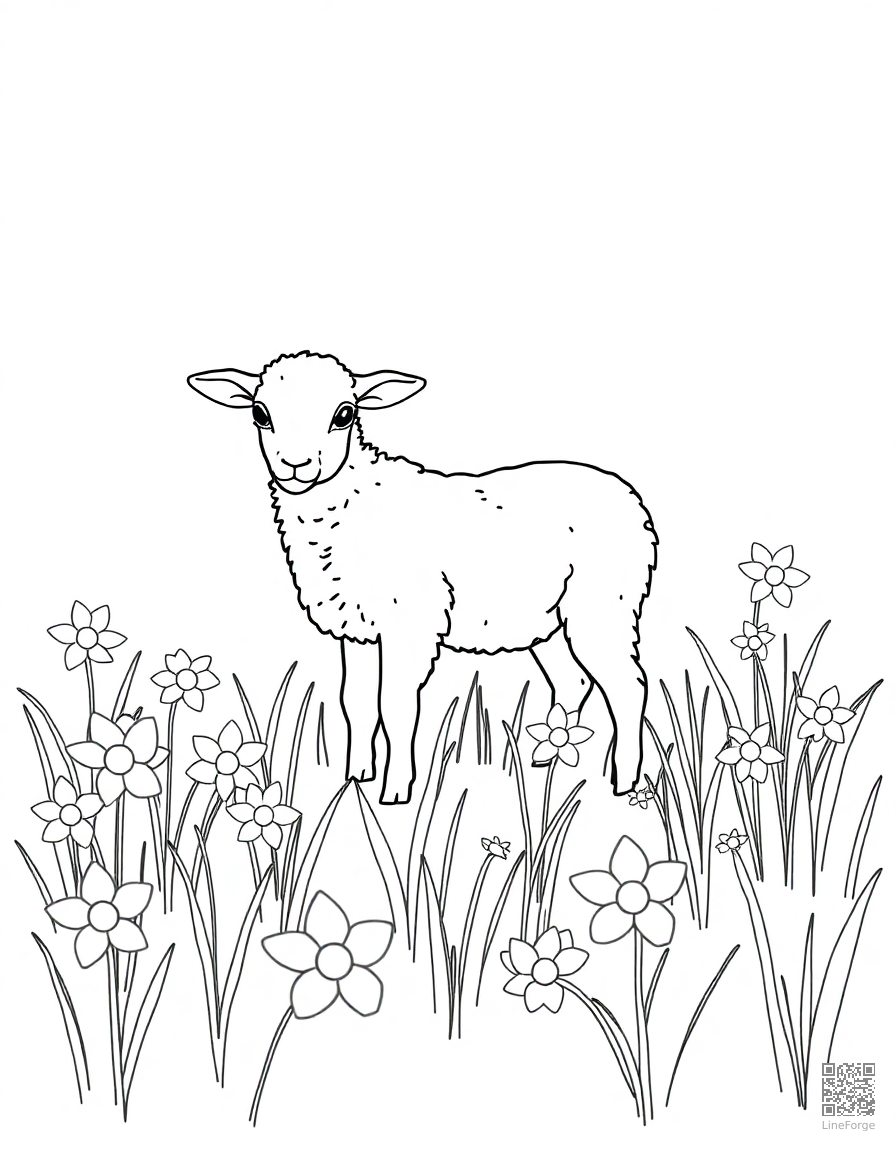 spring lamb in a field of daffodils coloring page Minimal style - free printable