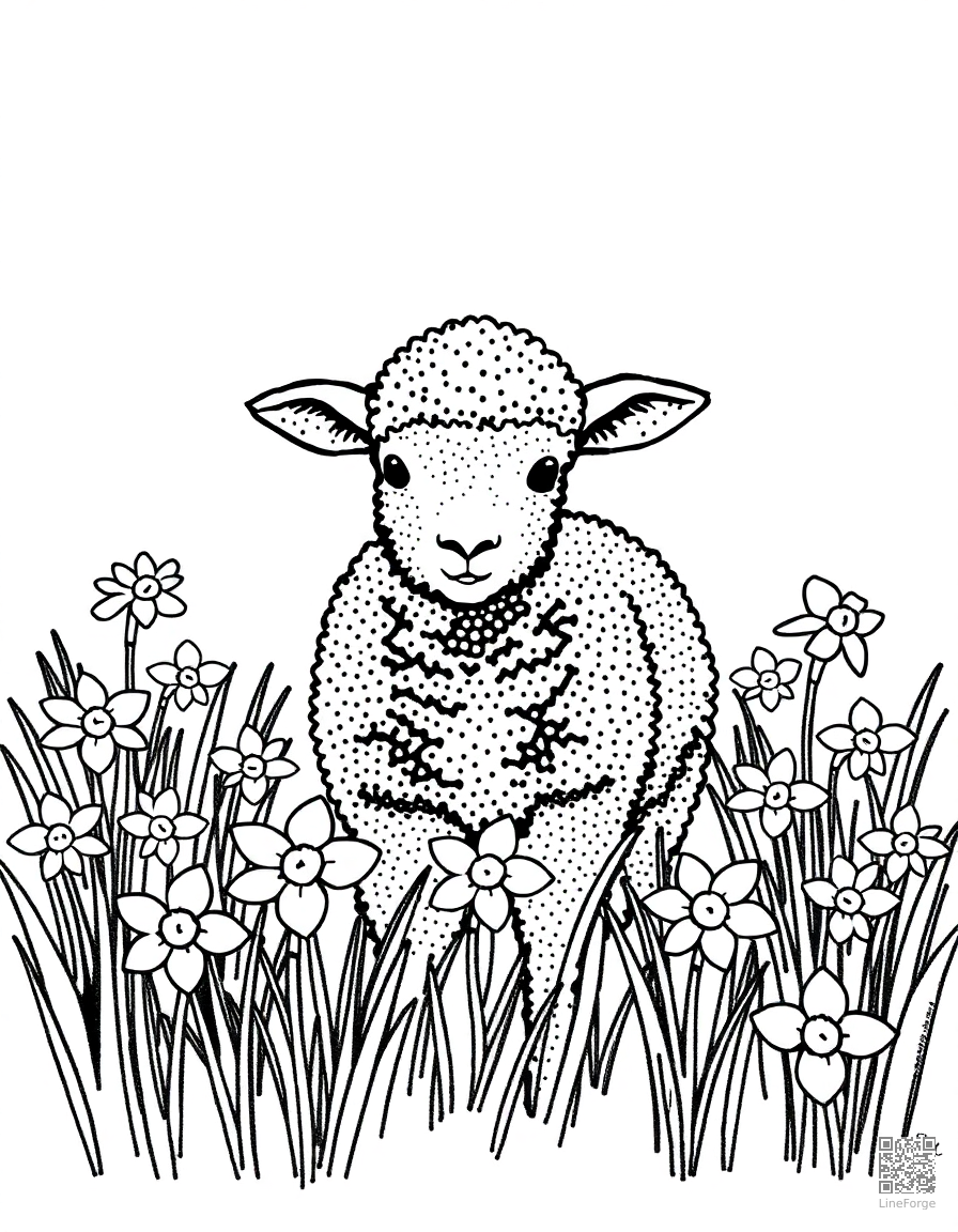 spring lamb in a field of daffodils coloring page Stipple style - free printable
