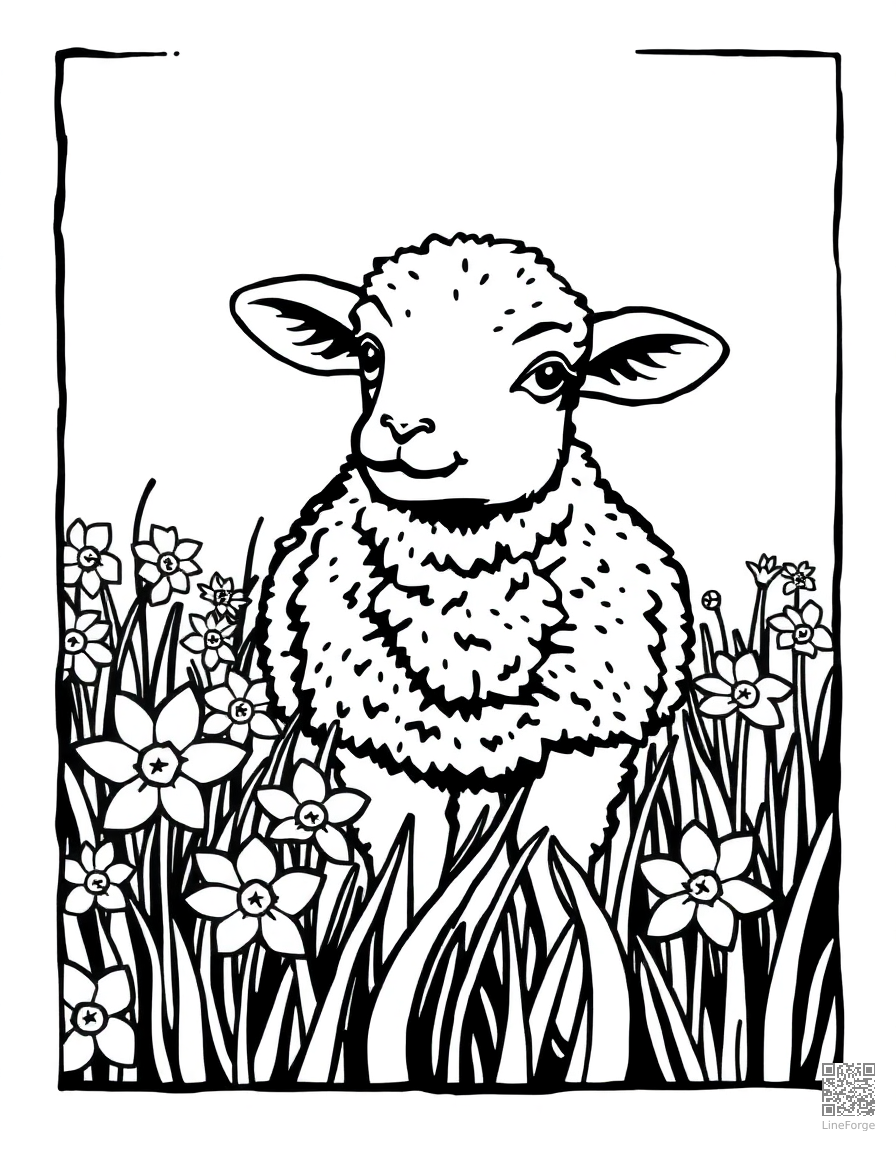 spring lamb in a field of daffodils coloring page Woodcut style - free printable