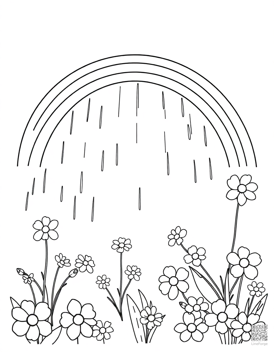 Free spring rain with rainbow and flowers coloring page in contour style — printable line art