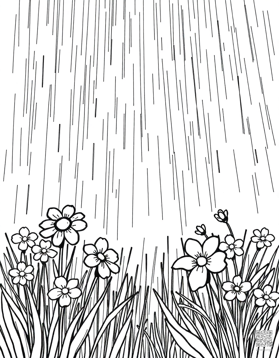 Free spring rain with rainbow and flowers coloring page in crosshatch style — printable line art