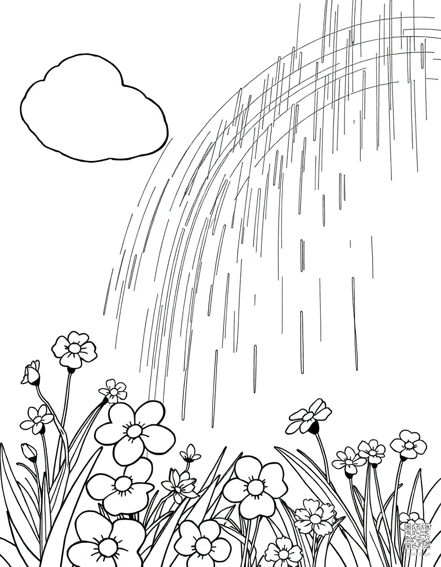 Free spring rain with rainbow and flowers coloring page in manga style — printable line art