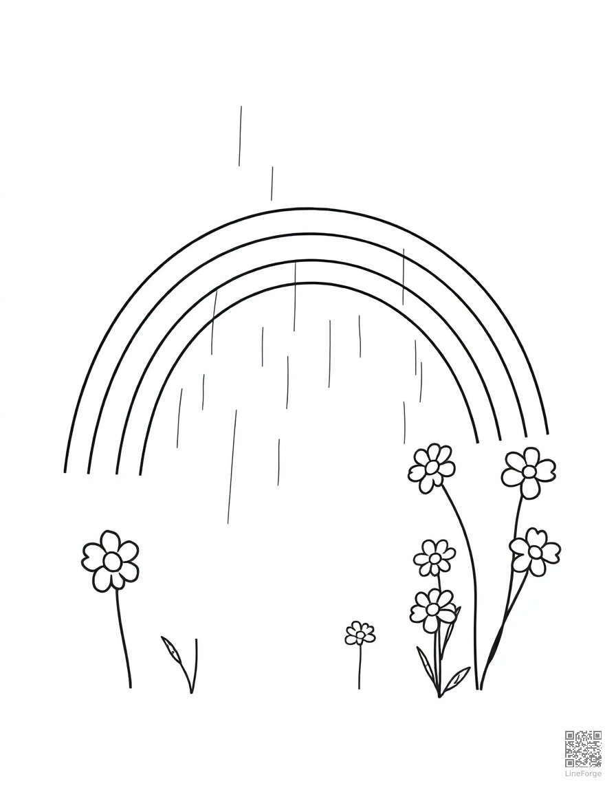Free spring rain with rainbow and flowers coloring page in minimal style — printable line art