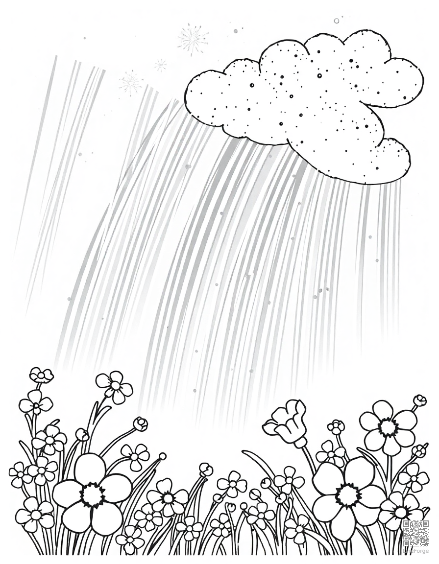 spring rain with rainbow and flowers coloring page Stipple style free printable