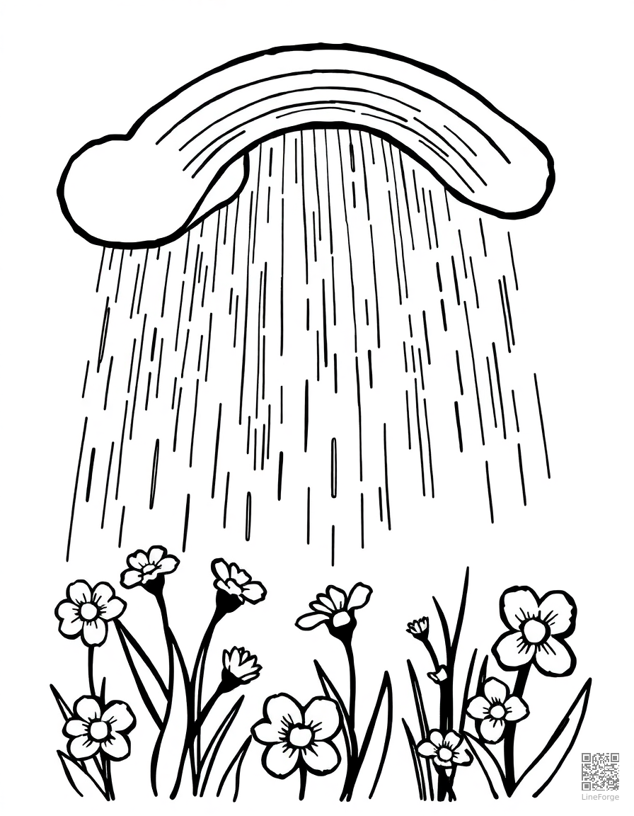 Free spring rain with rainbow and flowers coloring page in woodcut style — printable line art