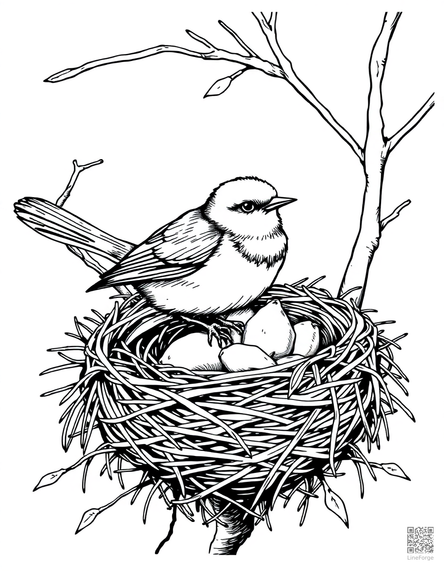 spring robin building a nest coloring page Crosshatch style - free printable