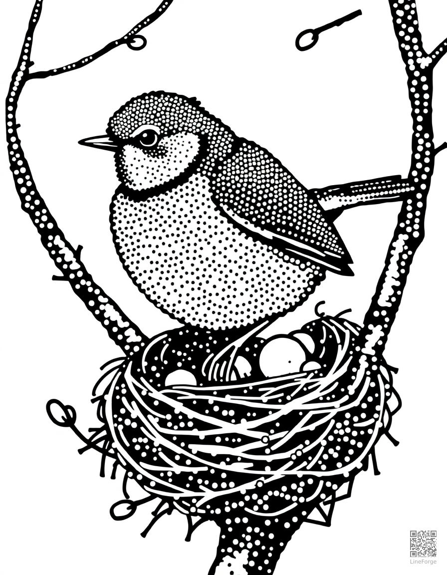 spring robin building a nest coloring page Stipple style - free printable