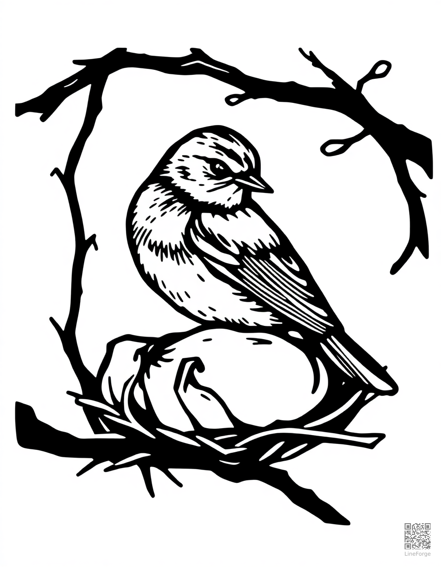 spring robin building a nest coloring page Woodcut style - free printable