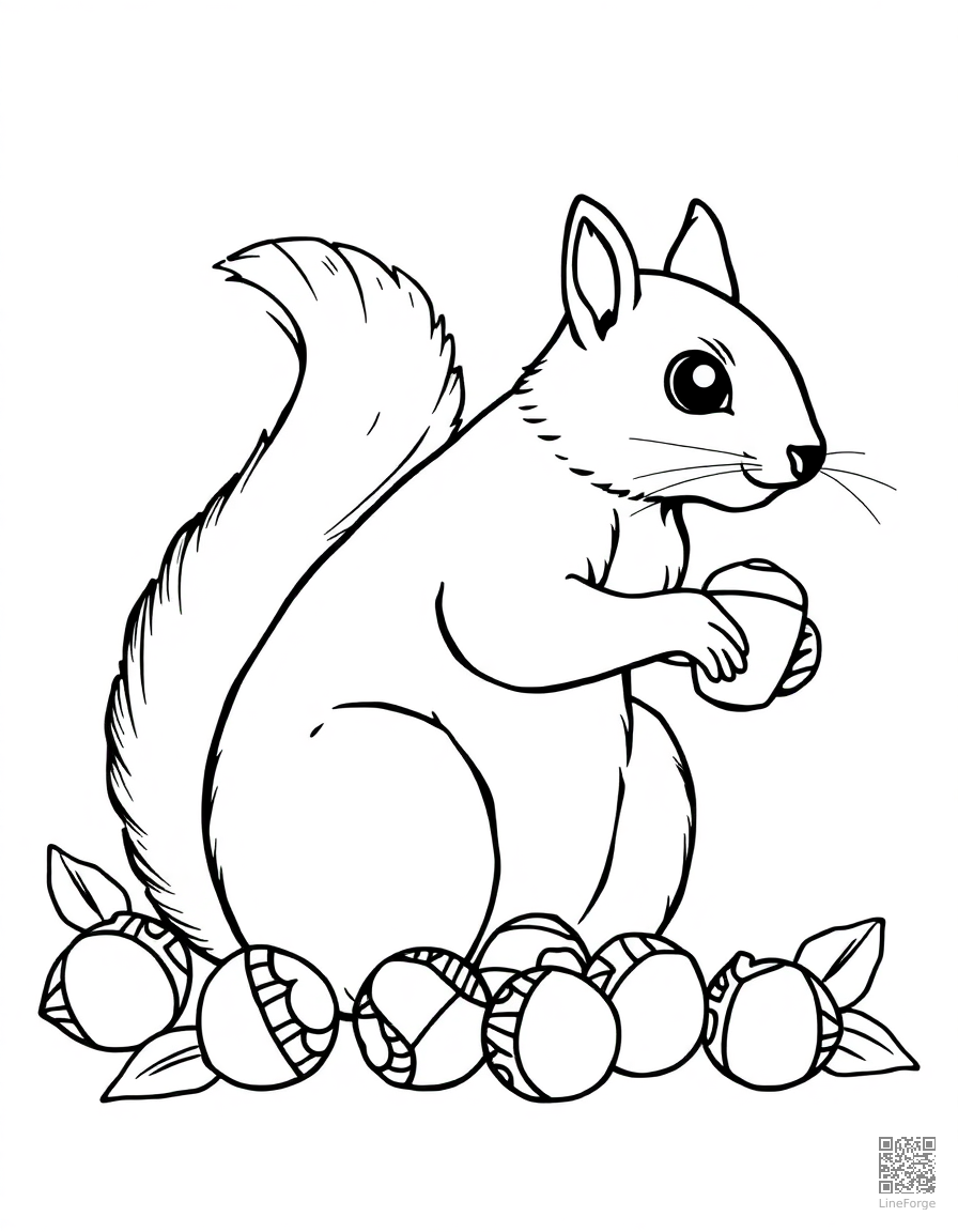 Squirrel gathering acorns coloring page Contour style - free printable