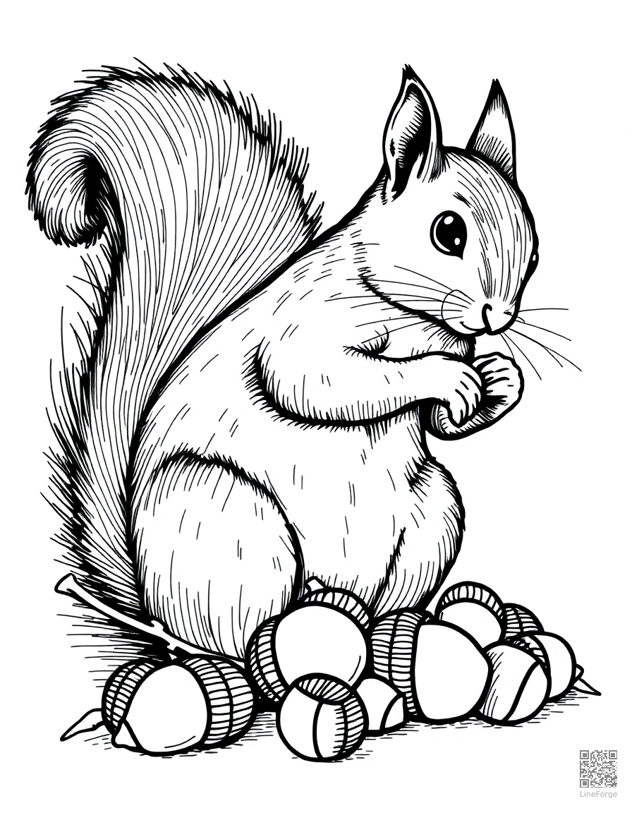 Squirrel gathering acorns coloring page Crosshatch style - free printable
