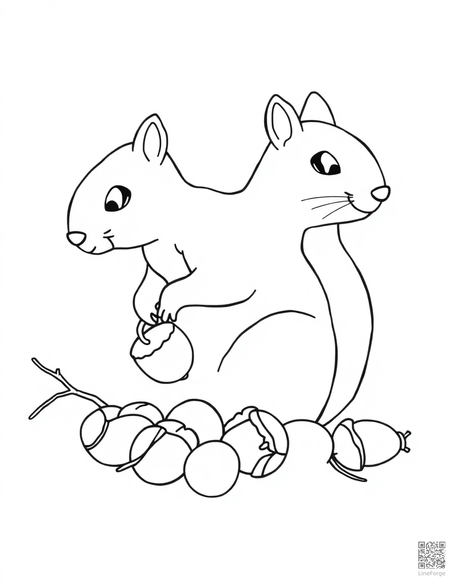 squirrel gathering acorns for winter coloring page Contour style - free printable