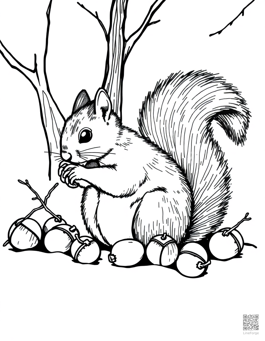 squirrel gathering acorns for winter coloring page Crosshatch style - free printable