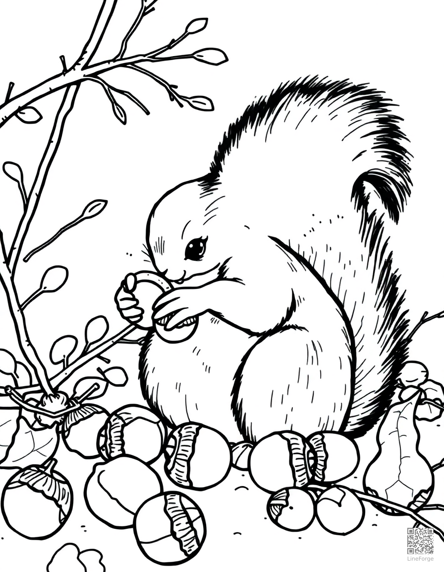 squirrel gathering acorns for winter coloring page Manga style - free printable