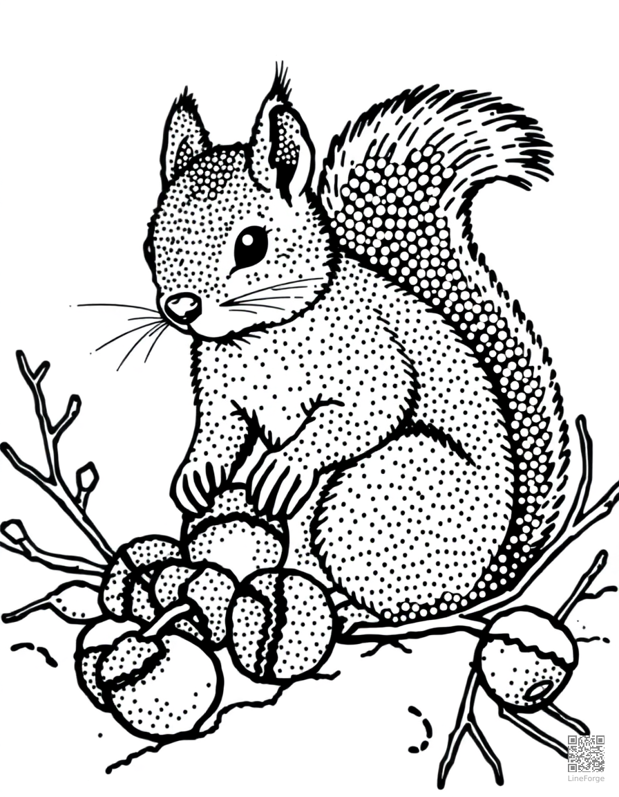squirrel gathering acorns for winter coloring page Stipple style - free printable