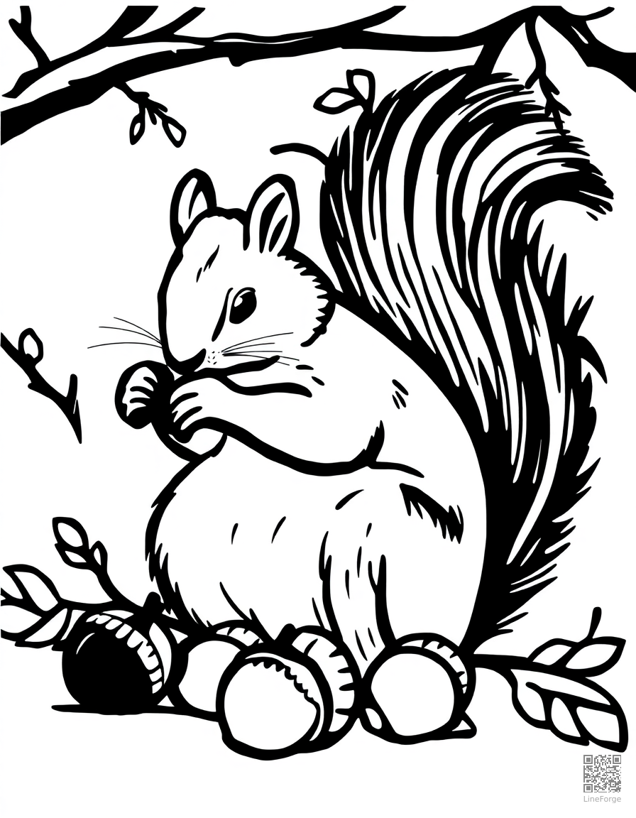 squirrel gathering acorns for winter coloring page Woodcut style - free printable