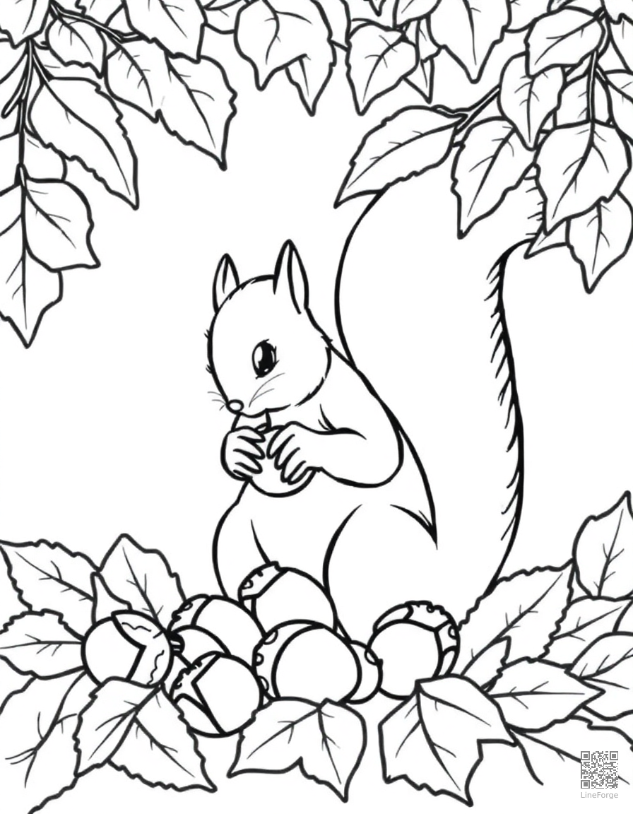 squirrel gathering acorns in fall leaves coloring page Contour style - free printable